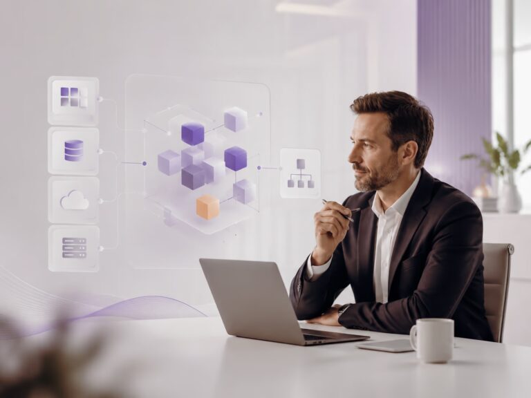 Especialista avaliando software sob medida, integrações de sistemas, cloud e arquitetura de aplicações corporativas.