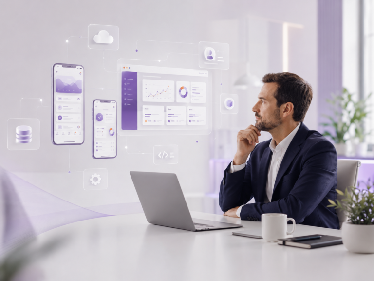 Especialista analisando projeto de desenvolvimento de aplicativos web e mobile com integração em nuvem, dashboards corporativos e soluções digitais personalizadas para empresas.