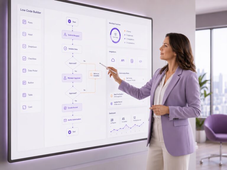 Profissional configurando workflow de aprovação, integrações e regras de automação em ambiente visual para desenvolvimento ágil de aplicações empresariais